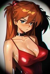 1girl ai_generated annoyed black_choker blue_eyes blush body_freckles breasts choker chromatic_aberration cleavage collarbone dress elfgens freckles hair_ornament interface_headset large_breasts long_hair looking_at_viewer neon_genesis_evangelion orange_hair perky_breasts red_dress self-upload shiny shiny_skin simple_background solo souryuu_asuka_langley sweat vignetting white_background