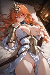 1girl ai_generated augusta_(wuthering_waves) bedroom large_breasts long_hair looking_at_viewer lying mature_female pussy red_hair wuthering_waves