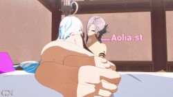 2girls 3d_animation ahoge animated anime_style anus aolia_(aoliagon) arlecchino_(genshin_impact) ass barefoot black_eyes black_hair blue_hair completely_nude feet foot_focus foreshortening furina_(genshin_impact) genshin_impact indoors long_hair looking_at_another lying multicolored_hair multiple_girls nude on_bed on_side pussy soles streaked_hair tagme toenails toes two-tone_hair video white_hair x-shaped_pupils yuri