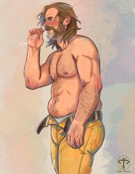 1boy 1male bara beard belly disco_elysium facial_hair full_body hairy_arms hairy_belly hairy_male hairy_stomach harrier_du_bois male_focus man mature_male muscular muscular_male mustache nipples pectorals smoking smoking_cigarette solo stomach thick_eyebrows thick_mustache topless topless_male watermark yellow_pants