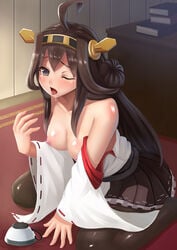 ahoge all_fours arm_support black_legwear breasts brown_hair chuppa_(katotsuba) cup detached_sleeves female hairband headgear japanese_clothes kantai_collection kongou_(kantai_collection) long_hair nipples nontraditional_miko one_eye_closed open_mouth saliva shirt_pull solo spilled teacup tears