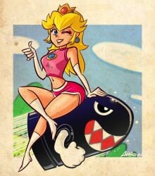 blonde_hair blue_eyes bullet_bill crown hotpants princess_peach super_mario_bros. thighs thumbs_up winking_at_viewer