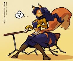 anthro ass_expansion blue_hair boots breasts carmelita_fox chair cleavage doughnut fox_ears fox_girl fox_tail huge_ass long_hair massive_ass sitting sly_cooper_(series) spoken_question_mark table tail-blazer white_panties