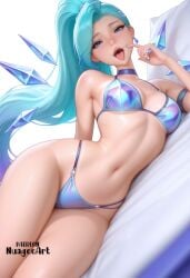 1girl ai_generated artist_name bare_shoulders bikini blue_bikini blue_eyes blue_hair blue_nails blush breasts choker collarbone earrings fingernails hair_ornament hairclip ice jewelry k/da_(league_of_legends) k/da_all_out_seraphine k/da_all_out_series k/da_series league_of_legends league_of_legends:_wild_rift long_hair looking_at_viewer lying medium_breasts nail_polish navel nuageeart on_side open_mouth ponytail questionable sensitive seraphine_(league_of_legends) shiny shiny_skin simple_background skindentation solo stomach string_bikini swimsuit tan tanlines teeth tongue tongue_out upper_teeth_only white_background wings