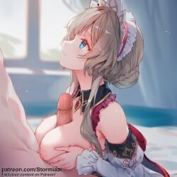 1boy 1girl ai_generated blonde_hair blue_eyes breasts breasts_out collar detached_sleeves female female_focus genshin_impact hetero looking_at_partner looking_up nipples paizuri penis penis_bulge sandrone_(genshin_impact) sex short_hair side_view stormiaart