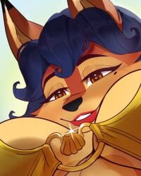 big_breasts carmelita_fox clothed looking_down_at_viewer sly_cooper_(series) smiling_at_viewer