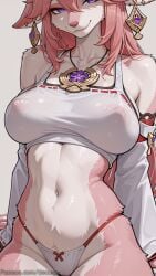 1girl ai_generated bra braid breasts cleavage coat decurse furry furry_female genshin_impact large_breasts long_hair looking_at_viewer navel open_clothes panties red_bra red_hair red_panties ring ringed_eyes smile solo underwear yae_miko yae_miko_(genshin_impact) yellow_eyes