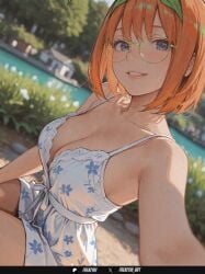 1girl ai_generated blue_eyes breasts cleavage dress floral_print frenzyai glasses go-toubun_no_hanayome green_hairband green_ribbon hair_ribbon looking_at_viewer nakano_yotsuba orange_hair outdoors ribbon selfie short_hair smile solo