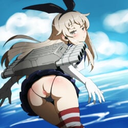 1girls anal anal_access anal_only anal_only_panties anus ass backless_panties blonde_hair blue_eyes dutch_angle elbow_gloves female female_only from_behind gloves hair_ribbon kantai_collection long_hair looking_at_viewer looking_back panties partially_visible_vulva ribbon shimakaze_(kantai_collection) skirt solo striped striped_legwear tekuteku_(yuuhodou) thigh_gap thighhighs thong_panties underwear yellow_eyes