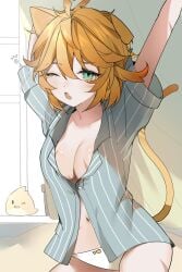big_boobies big_boobs big_breasts big_tits big_titties boobies boobs breasts just_woke_up open_shirt panties streamer stretch tits titties vtuber vtuber_persona vtuberfanart