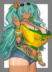 1girl 1girls 3d :o aqua_eyes aqua_hair aqua_nails areola ass big_areola big_ass big_breasts big_nipples big_thighs bikini bikini_under_clothes bracelet brazil brazilian brazilian_female brazilian_miku breasts choker cleavage cowboy_shot crop_top cutoffs cyan_eyes cyan_hair dark-skinned_female dark_skin denim denim_shorts earrings eyewear_on_head female female_only flower gigantic_breasts hair_flower hair_ornament hatsune_miku highleg highleg_bikini huge_areola huge_ass huge_breasts huge_nipples huge_thighs idohori_people jewelry latin_american_hatsune_miku_(meme) long_hair looking_at_viewer midriff navel navel_piercing necklace nipples open_mouth see-through see-through_shirt shirt short_shorts shorts solo sunglasses swimsuit tagme tan tan_body tanlines thick_hips thick_thighs thighs thong twintails very_long_hair vocaloid yellow_background yellow_shirt