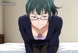 1girl ai_generated anime anime_style bed black_pantyhose breasts brown_eyes cleavage downblouse formal glasses green_hair hentai hi_res jacket jujutsu_kaisen looking_at_viewer maki_zenin medium_breasts mystic_maidens on_bed pantyhose patreon pencil_skirt ponytail semi-rimless_eyewear skirt smile solo suit zenin_maki