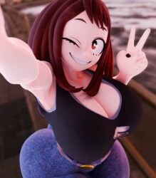 1girls 3d ass boku_no_hero_academia breasts brown-haired_female brown_hair cleavage cleavage_cutout cute female huge_ass huge_breasts my_hero_academia neenbeanmachine ochako_uraraka peace_sign selfie tagme uraraka_ochako