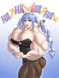 1girls blue_hair bunny_ears bunny_girl bunnysuit carrot dagwam female flexing hololive multicolored_hair muscle_fetish muscles muscular muscular_arms muscular_female muscular_thighs thighs usada_pekora vegetable vtuber white_hair