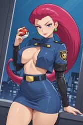 1female 1girls 1human 1woman ai ai_generated armwear belt big_breasts black_armwear blue_eyes blue_skirt breasts clothed clothed_female clothes clothing earrings female_only frosting.ai game_freak green_earrings holding_object holding_poke_ball human human_only jessie jessie_(pokemon) light-skinned_female long_hair looking_at_viewer night night_sky nighttime nintendo nipple_outline non-nude pink_hair pokeball pokemon pokemon_trainer police police_officer police_station police_uniform policewoman revealing_clothes seductive seductive_look seductive_smile sexy_clothing sexy_female sexy_pose sexy_woman sfw skirt smiling smiling_at_viewer solo team_rocket thick_thighs thighs tummy underboob woman woman_only woman_solo