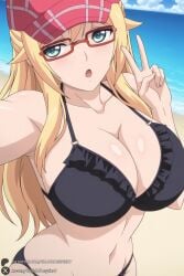 1female 1girl 1girls 2026 ai_generated artist_name beach big_ass big_breasts bikini black_bikini blonde_hair blue_eyes blush breasts cleavage cloud collarbone curvy day frilled_bikini frills glasses green_eyes hat hi_res high_quality high_resolution highres huge_ass huge_breasts large_breasts long_hair looking_at_viewer mankitsu_happening mitsuki_otona navel ocean open_mouth outdoors patreon patreon_username red-framed_eyewear selfie sky solo swimsuit unjobdespiert v watermark