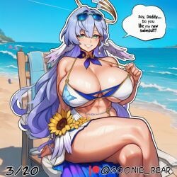 1girl 2026 2d abs absurd_res absurd_resolution absurdres ai_generated artist_name beach bikini blue_hair breasts cleavage comic crossed_legs day english_text eyewear_on_head flower goonie_bear green_eyes halo hi_res high_quality high_resolution highres honkai:_star_rail honkai_(series) huge_breasts image jewelry long_hair looking_at_viewer navel ocean outdoors patreon patreon_logo patreon_username robin_(honkai:_star_rail) sitting smile solo speech_bubble sunflower sunglasses swimsuit thick_thighs thighs trailblazer_(honkai:_star_rail) uncensured watermark white_bikini wings