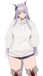 gold_ship_(umamusume) hair_ornament hoodie horse_girl large_breasts long_hair looking_at_viewer mischievous_smile purple_eyes short_shorts silver_hair smile thick_thighs umamusume