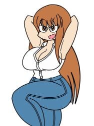 1girl armpit armpit_peek armpits arms_behind_head ayase_asagi blue_pants brown_eyes buttons cleavage jeans large_breasts literal_alguien long_hair open_mouth orange_hair pants simple_background smile solo white_background white_shirt yotsuba&!