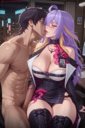 1boy 1girl ahoge ai_generated bare_shoulders black_hair blonde_hair blush breasts censored cleavage clothed_female_nude_male dress erection fadia_(neverness_to_everness) glasses hetero hi_res high_quality high_resolution kiraamane kiss large_breasts long_hair manly mosaic_censoring multicolored_hair muscle nude patreon penis purple_hair seductive sexy sitting sweat thighhighs uncensored watermark