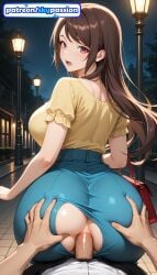1boy 1girls 2026 ai_assisted ai_generated anime ass ass_grab big_ass boobs booty breasts brown_hair bust cock denim dick grabbing_another's_ass groping hetero hi_res high_quality high_resolution highres houjou_kaori isekai_de_cheat_skill_wo_te_ni_shita_ore_wa_genjitsu_sekai_wo_mo_musou_suru long_hair night night_sky patreon patreon_username penis pov sky skypassion solo_focus stable_diffusion straddling tits watermark
