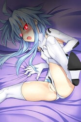 1girls ahoge ass bed_sheet blanc blue_hair blush elbow_gloves female gloves glowing glowing_eyes kamia_(not_found) leotard leotard_aside looking_at_viewer lying neptunia_(series) no_panties on_side open_mouth petite power_symbol pussy pussy_juice red_eyes skin_tight small_breasts solo spread_legs sweatdrop thighhighs uncensored white_heart