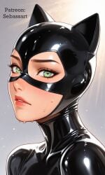 ai_generated catsuit catwoman erect_nipples erect_nipples_under_clothes female female_only green_eyes latex mature_female paid_reward_available patreon petite portrait sebassart sexy sitting superheroine sweat tight_clothing tight_fit