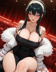 1girl 1girls ai_generated averting_eyes bangs bare_shoulders black_dress black_hair blush breasts clavicle cleavage closed_mouth clothing coat collarbone couch covered_navel crossed_legs curvaceous curvaceous_female curvaceous_figure curvy curvy_figure dress earrings female female_focus female_only fur-trimmed_coat fur_coat fur_trim gold_earrings gold_hairband hairband headwear huge_breasts indoors inviting inviting_to_sex jacket jewelry large_breasts lips lipstick long_hair long_sleeves looking_to_the_side makeup nail_polish narrow_waist off_shoulder on_couch open_coat pelvic_curtain presenting presenting_ass presenting_breasts presenting_hindquarters presenting_self red_eyes red_lips red_nails seductive seductive_look seductive_smile short_hair_with_long_locks side_slit sidelocks sitting smile solo spy_x_family stable_diffusion strap_slip taut_clothes taut_dress thick_thighs thighs unworn_coat vertiloart voluptuous voluptuous_female white_coat white_hairband wide_hips yor_briar yor_forger