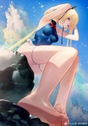 1girls armpits barefoot blonde blonde-haired_female blonde_female blonde_hair blue_eyes blue_one-piece_swimsuit blue_swimsuit breasts dead_or_alive dutch_angle feet female leiq long_hair marie_rose marie_rose_(devilish_servant_against_the_splashing_waves) official_alternate_costume one-piece_swimsuit small_breasts swimsuit twintails