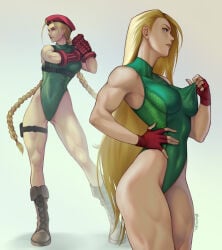 1girls blonde blonde-haired_female blonde_female blonde_hair breasts cammy_white clothes_pull female green_leotard hair_down hat leotard long_hair medium_breasts multiple_views red_hat street_fighter street_fighter_6 street_fighter_ii street_fighter_v twintails