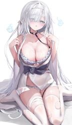 1girl ame_usari bandage bandaged_leg blush bow_panties bra breasts clothed collar frilled_bra frilled_panties frills ghost_costume gray_hair hair_ornament hair_over_one_eye hair_ribbon highres japanese_clothes kimono large_breasts leash leash_and_collar leashed_collar long_hair long_sleeves open_clothes open_kimono open_yukata original panties ribbon_panties sitting straight_hair tenkan thigh_strap thighhighs torn_thighhighs triangular_headpiece yukata