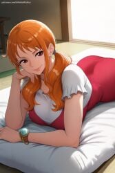 1girl ai_generated artist_name bangs bracelet breasts closed_mouth dress hand_on_own_cheek hi_res high_quality high_resolution indoors jewelry long_hair looking_at_viewer lying nami_(one_piece) one_piece orange_hair patreon patreon_username pillow red_dress seductive sexy shirt smile solo tatami twintails uncensored watermark web_address