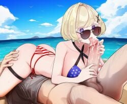 1boy 1girls 69 ai_generated american_flag american_flag_bikini ass beach bikini blonde_hair blue_sky breasts cleavage cloud cum cum_in_mouth cum_on_penis cum_on_tongue day erection fellatio flag_print girl_on_top hair_ornament hairclip handjob hetero huge_penis indie_virtual_youtuber large_breasts large_penis licking licking_penis looking_at_penis looking_over_eyewear lying male_pubic_hair mole mole_on_neck ocean on_back oral outdoors penis penis_grab pubic_hair purple_eyes retromantique short_hair side-tie_bikini_bottom sky solo_focus striped_bikini sunglasses swimsuit testicles thigh_strap thong_bikini tongue tongue_out virtual_youtuber water x_hair_ornament yuno_nightingale