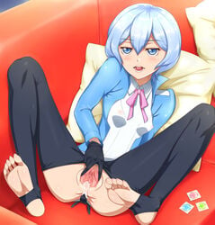 anal_fingering barefoot blue_eyes condom cum cum_in_pussy cum_inside fingering gloves gundam gundam_build_fighters gundam_build_fighters_try kijima_shia pantyhose pantyhose_pull pussy shoujo_donburi silver_hair spread_pussy toeless_legwear