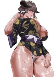 1girl absurdres animal_ears black_horns black_kimono breasts brown_hair closed_mouth commentary_request cow_ears cow_girl cow_horns cowboy_shot female_pubic_hair floral_print floral_print_kimono fundoshi hair_over_eyes highres horns japanese_clothes kimono large_breasts long_sleeves nipple_slip nipples original print_kimono pubic_hair purple_nails r-dragon short_hair simple_background smile solo thick_thighs thighs white_background wide_sleeves