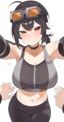 1boy 1girls assertive_female beautiful_woman big_breasts blush blushing blushing_at_viewer breasts byeon_dha curvaceous curvy curvy_female female female_focus grace_howard heavenly_body large_breasts light-skinned_female light_skin looking_at_viewer midriff navel outstretched_arms pov smile smiling smiling_at_viewer wholesome wise_(zenless_zone_zero) zenless_zone_zero