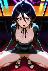 ai_generated anime black_dress black_eyes black_hair black_makeup bleach dark_nipples dress girl heels nightclub nipples osretenzin pussy rukia rukia_kuchiki small_breasts small_hips small_waist smaller_female spread_legs