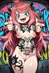 aged_up ai_generated anya_forger bandaid_on_face blush breasts green_eyes looking_at_viewer nude open-mouth_smile pink_hair pointing_at_viewer pussy spy_x_family tattoos