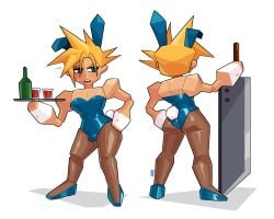 1boy blonde_hair blue_eyes bulge bulge_under_clothes bunny_boy bunny_ears bunnysuit buster_sword cleavage cloud_strife crossdressing crossdressing_male embarrassed embarrassed_male final_fantasy final_fantasy_vii front_and_back hi_res highres lipstick loggus_doggus low_poly male_cleavage male_playboy_bunny polygonal red_lipstick retro_artstyle serving_tray small_bulge solo solo_male square_enix stockings sweat white_background wine_bottle