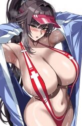 1girls bikini blush brown_hair drogod_(artist) female female_only goddess_of_victory:_nikke hella_p huge_breasts light-skinned_female light_skin long_hair marciana_(marine_study)_(nikke) marciana_(nikke) ponytail sling_bikini solo visor_cap