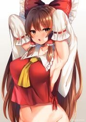 1girls 2d amber_eyes armpit_fetish armpits arms_behind_head arms_up artist_signature belly_button brown_eyes brown_hair clothed_female detached_sleeves female hair hair_bow hair_ornament light_skin long_hair looking_at_viewer marota_(imyme_maro) medium_breasts reimu_hakurei rosy_cheeks solo solo_female touhou