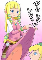 blonde_hair blue_eyes blush link long_hair nintendo no_panties pointy_ears princess_zelda pussy qm skirt_lift skyward_sword the_legend_of_zelda zelda_(skyward_sword)