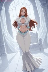 1girl ai_generated arms_behind_back bleach breasts brown_eyes brown_hair cleavage cleavage_cutout curtains full_body hair_ornament hi_res high_quality high_resolution inoue_orihime kiraamane large_breasts long_hair long_skirt looking_at_viewer midriff navel orihime_(majo_taisen) parted_bangs patreon seductive sexy skirt smile solo standing uncensored watermark white_skirt