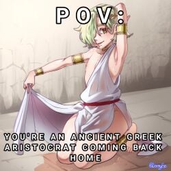 bulge elf elf_ears elf_femboy elf_male elsvime femboy greek_clothing greek_mythology selehyme_(artist) soaked thick_thighs