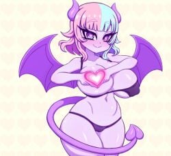 demon_girl demon_horns demon_tail demon_wings heart_hands large_breasts multicolored_hair purple_skin short_hair simple_background standing stockings tail_between_legs thick_thighs