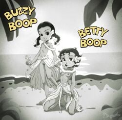 2girls barefoot beach betty_boop breasts feet looking_at_viewer medium_breasts monochrome original_character outdoor_nudity outdoors sequestro small_breasts vagina