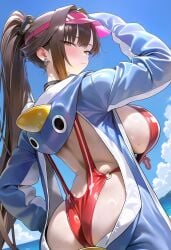 1girls ai_generated ass beach breasts brown_eyes embarrassed female female_only goddess_of_victory:_nikke high_ponytail large_breasts looking_at_viewer looking_back marciana_(marine_study)_(nikke) marciana_(nikke) on_back onesie pale-skinned_female pale_skin ponytail red_slingshot_swimsuit slingshot_swimsuit