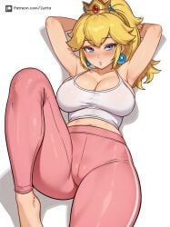 1girls armpits arms_behind_head artist_name big_breasts blonde_hair blue_eyes blush bottomwear breasts busty cetta_(cettadvd) cleavage clothing crown ear_piercing earrings female female_only hair headwear large_breasts lips long_hair lying mario_(series) midriff nintendo on_back pants parted_lips pink_lipstick pink_pants ponytail pose posing princess_peach seductive_look sexy sexy_armpits sexy_pose solo solo_female sports_bra sportswear teeth tied_hair topwear yoga_pants
