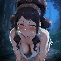 ai_generated brown_hair downblouse female_focus forest hanging_breasts hilda_(pokemon) large_breasts leaning_forward long_hair night no_bra nyakki open_shirt outdoors peeking_nipple pokemon pokemon_bw ponytail