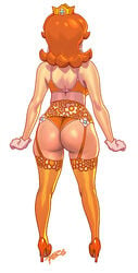 1girls 2015 ass back_view big_ass bimbo bra brown_hair bubble_butt clothed crown dat_ass earrings female female_only from_behind garter_belt garter_straps garterbelt gloves high_heels highheels human lingerie long_hair mario_(series) medium_breasts negarobo nintendo orange_hair panties princess_daisy simple_background solo standing thighhighs thong white_background white_gloves